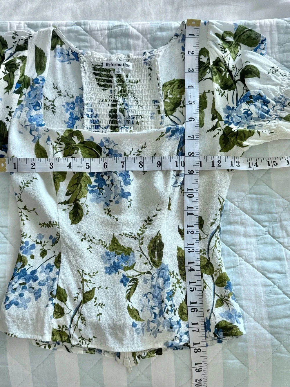 Reformation Constance Floral Print Puff Sleeve Top White Blue Green Size 0